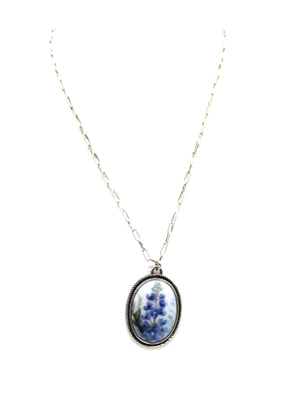 Western Oval Texas Bluebonnet Pendant Necklace