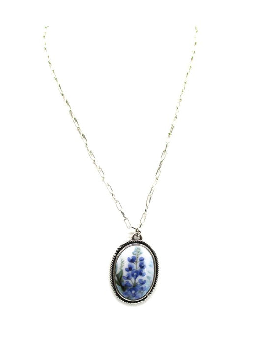 Western Oval Texas Bluebonnet Pendant Necklace