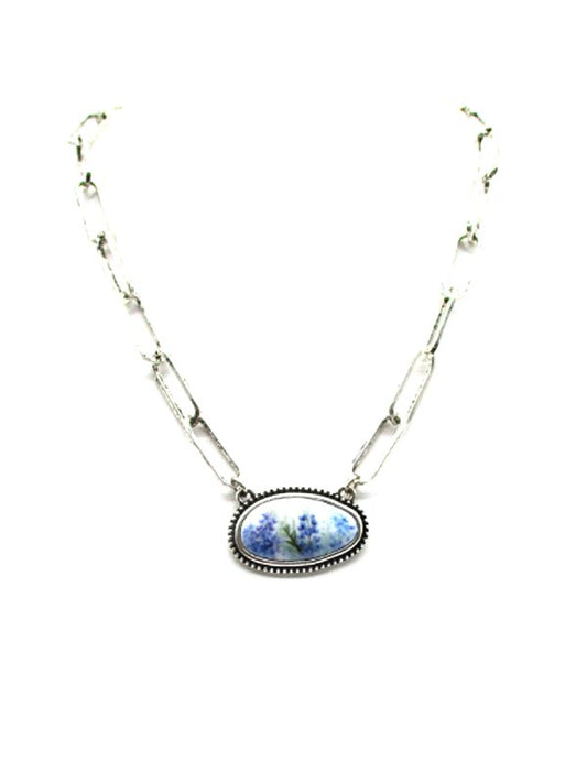 Western Oval Texas Bluebonnet Pendant Necklace