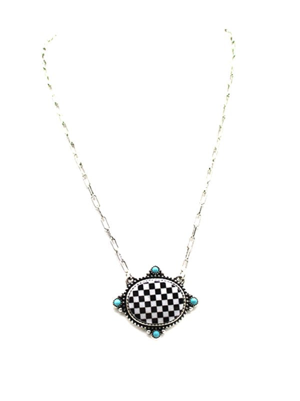 Checkered Oval Pendant Necklace