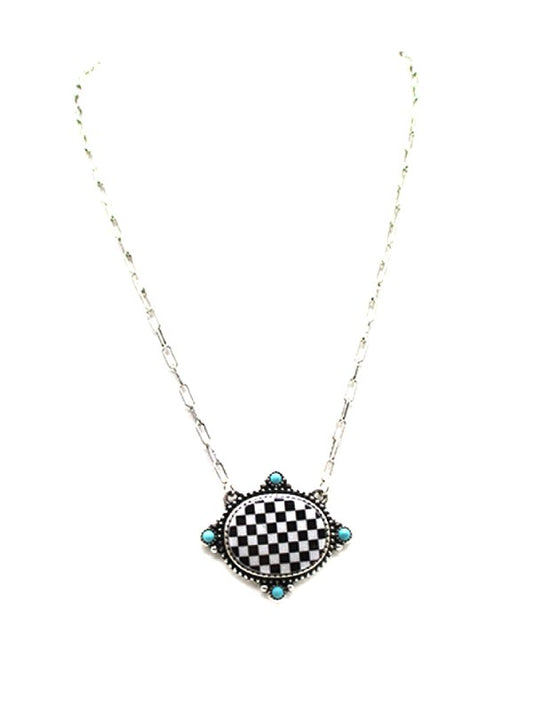 Checkered Oval Pendant Necklace