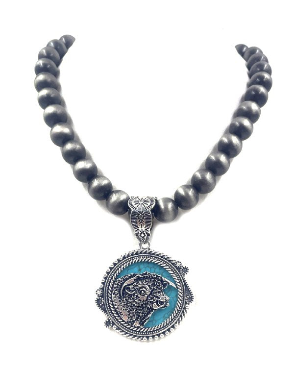 Western Round Turquoise Cow Head Navajo Pearl Necklace