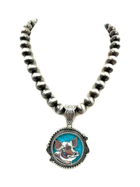 Western Round Turquoise Pig Navajo Pearl Necklace