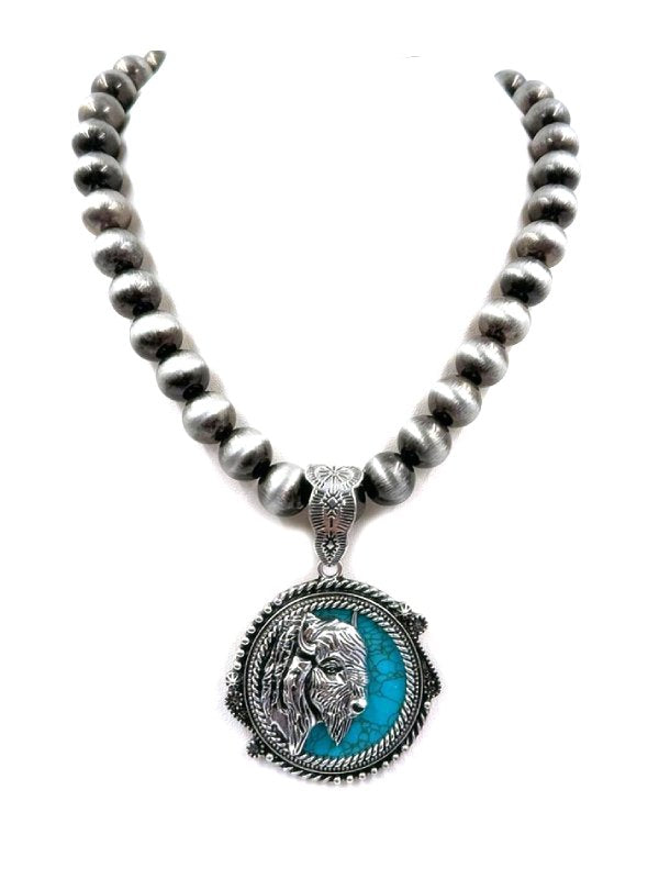 Western Round Turquoise Buffalo Navajo Pearl Necklace