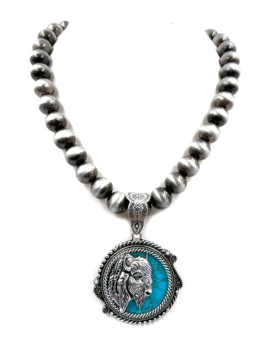 Western Round Turquoise Buffalo Navajo Pearl Necklace
