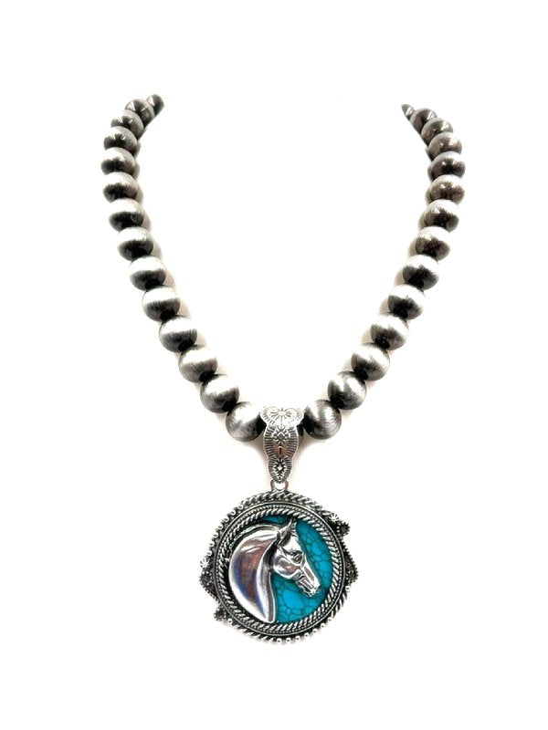 Western Round Turquoise Horse Navajo Pearl Necklace