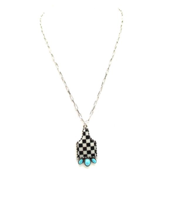 Western Checkered Cattle Tag Pendant Necklace
