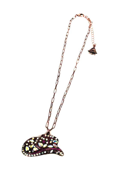 Western Cowboy Hat AB Stone Pendant Necklace