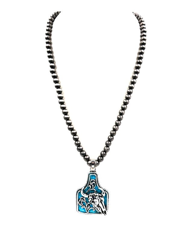 Western Turquoise Cattle Tag Navajo Pearl Necklace
