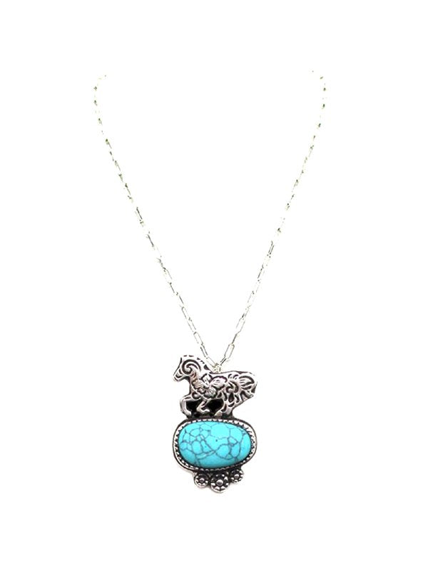 Western Etched Running Horse Turquoise Pendant Necklace