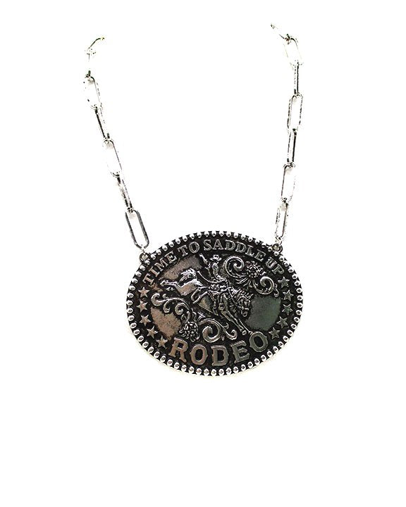 Western Large Time To Saddle Rodeo Pendant Necklace