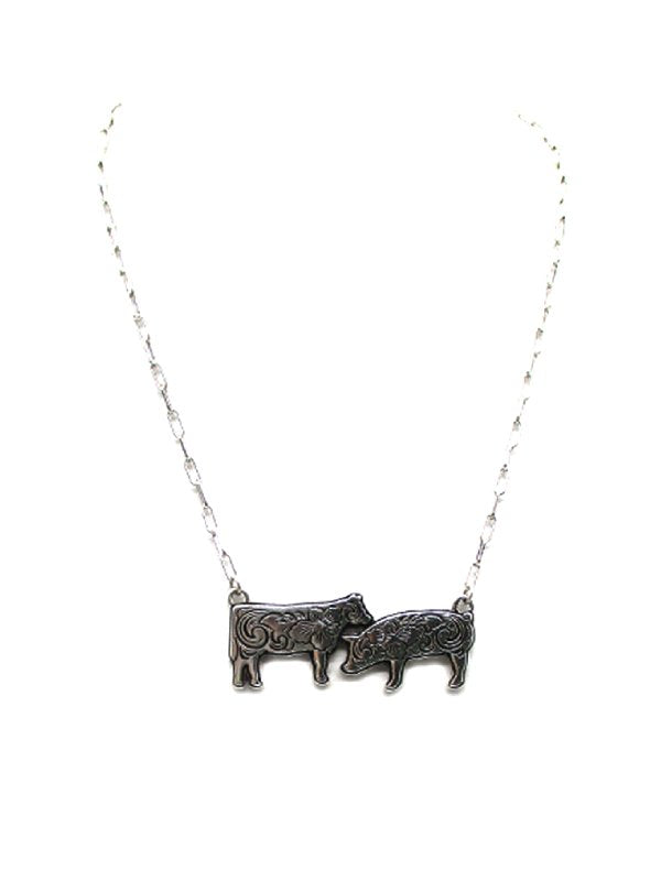 Western Etched Cow & Pig Necklace