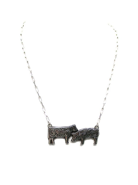 Western Etched Cow & Pig Necklace