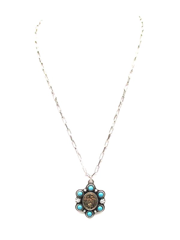 Western Etched Turquoise Oval Pendant Necklace