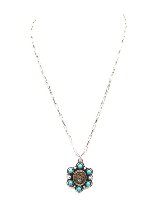 Western Etched Turquoise Oval Pendant Necklace