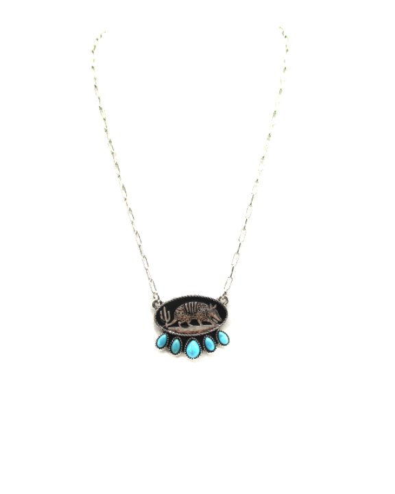 Western Oval Armadillo Plate Turquoise Pendant Necklace