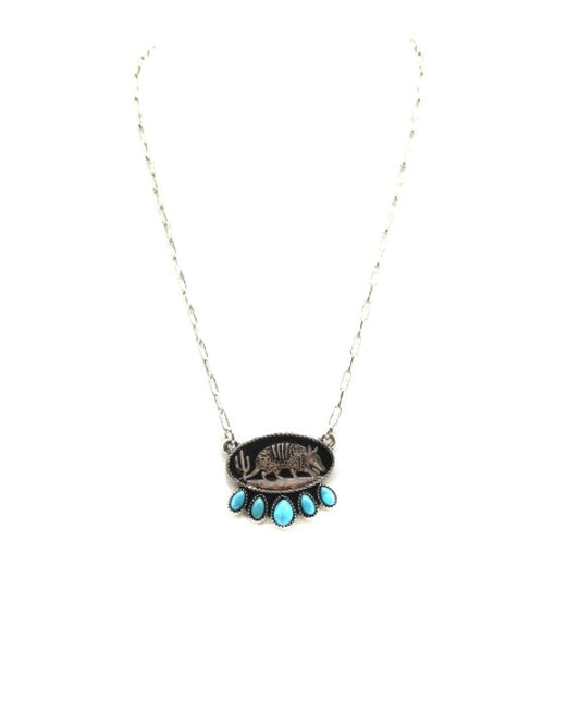 Western Oval Armadillo Plate Turquoise Pendant Necklace