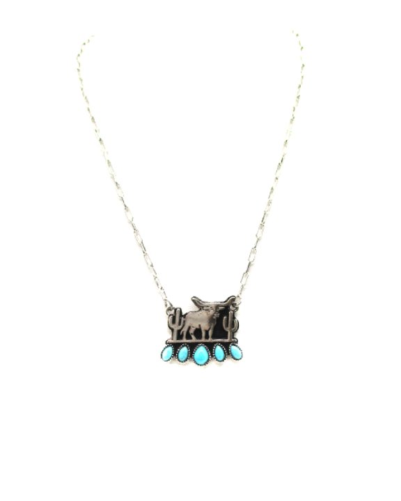 Western Longhorn Plate Turquoise Pendant Necklace