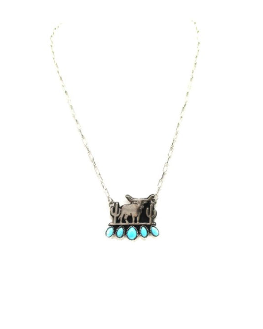 Western Longhorn Plate Turquoise Pendant Necklace