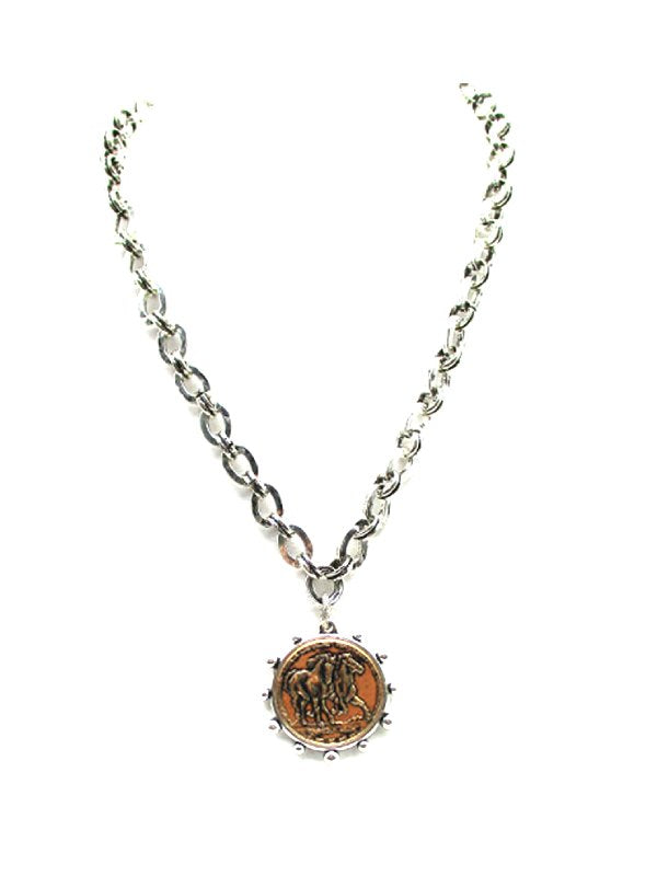 Western Two Tone Double Horse Coin Pendant Necklace