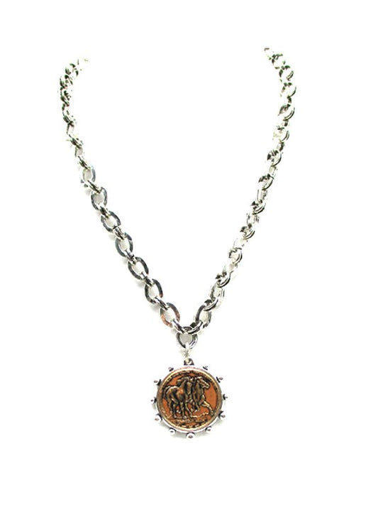Western Two Tone Double Horse Coin Pendant Necklace