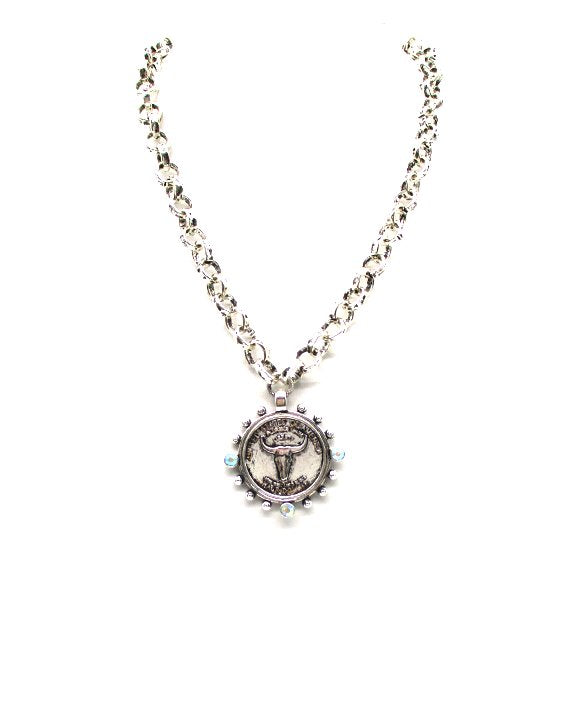 Western Steerhead Coin AB Stone Pendant Necklace