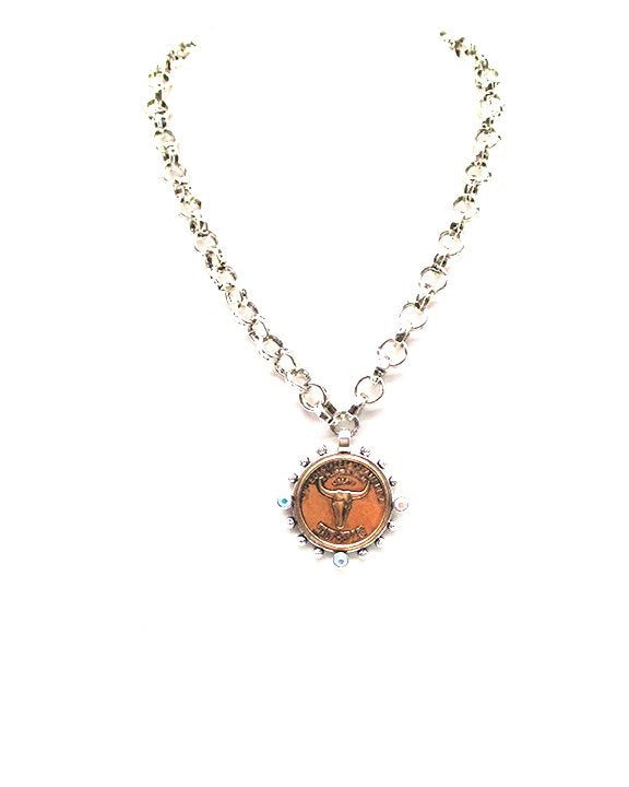 Western Two Tone Steerhead Coin AB Stone Necklace