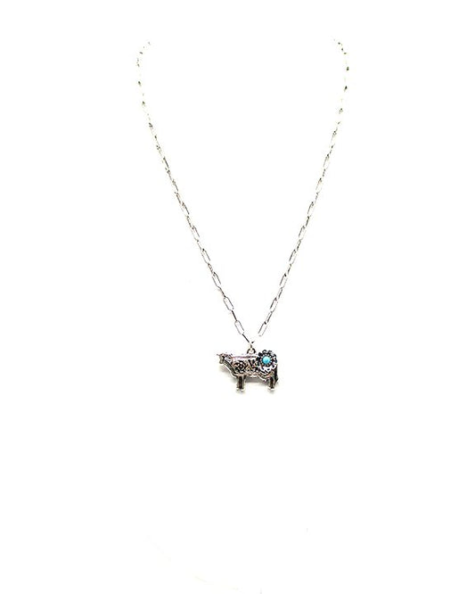 Western Etched Dainty Cow Pendant Necklace