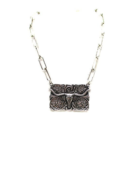 Western Engraved Steerhead Plate Necklace