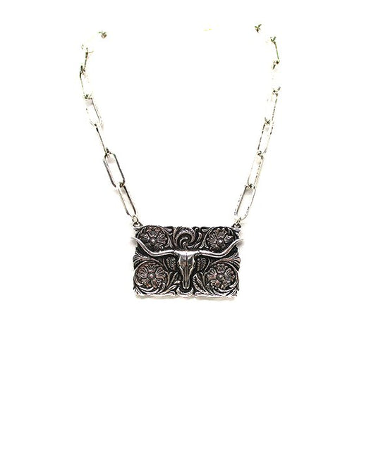 Western Engraved Steerhead Plate Necklace