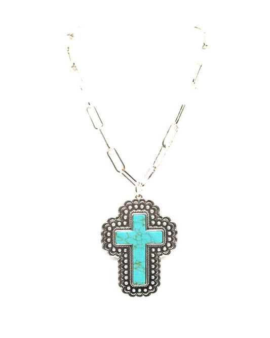 Western Large Turquoise Cross Pendant Necklace