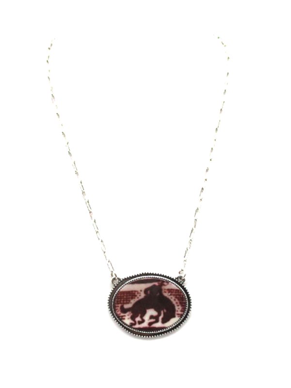 Western Oval Horse Riding Print Pendant Necklace