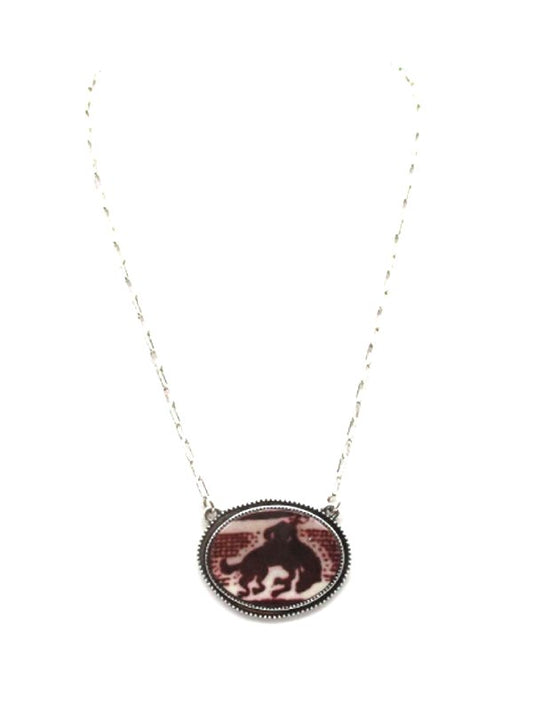 Western Oval Horse Riding Print Pendant Necklace
