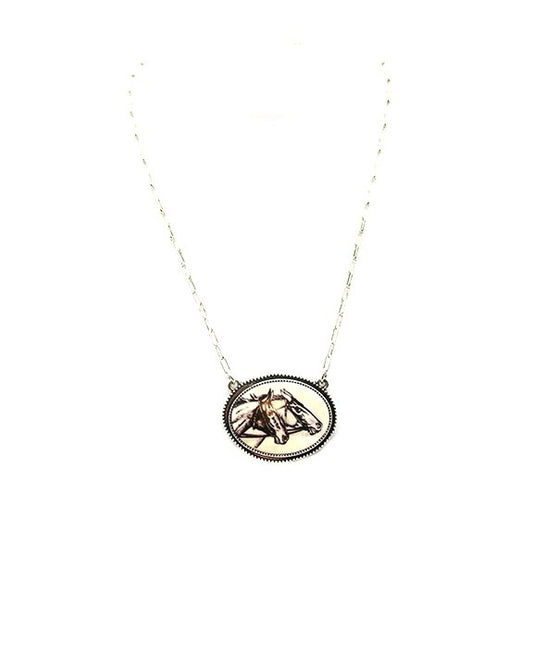 Western Oval Double Horse Print Pendant Necklace