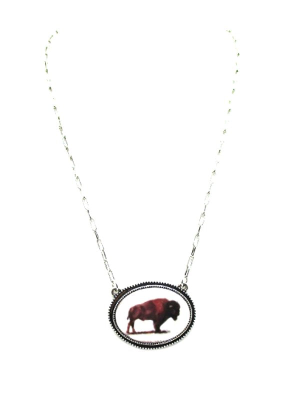 Western Oval Buffalo Print Pendant Necklace