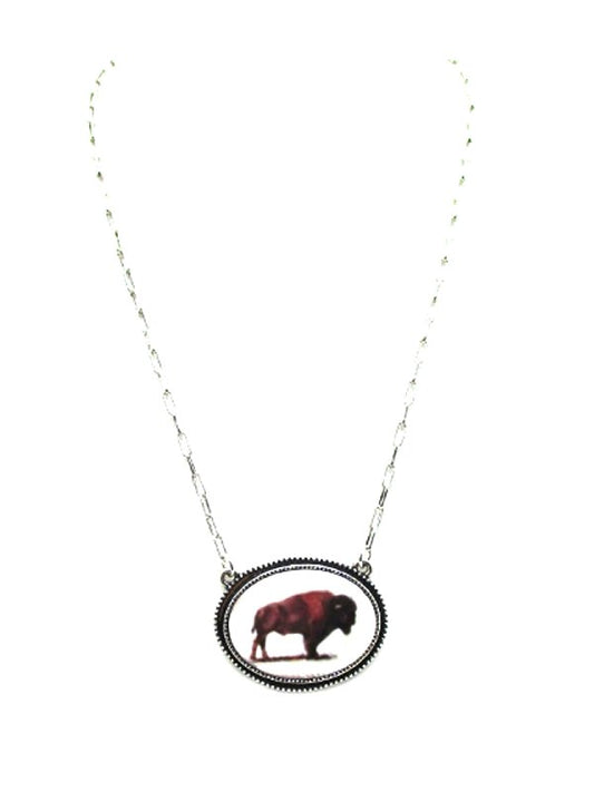 Western Oval Buffalo Print Pendant Necklace