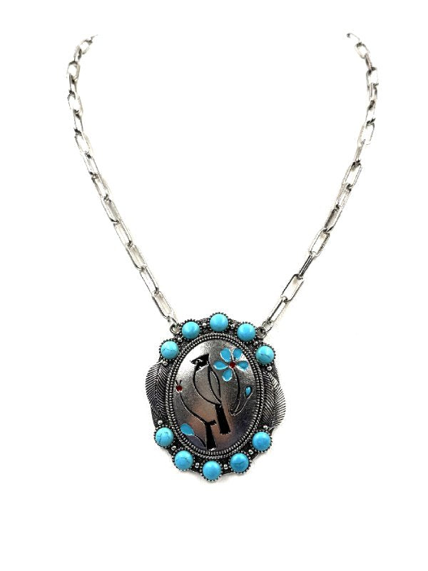 Western Oval Turquoise Cardinal Pendant Necklace