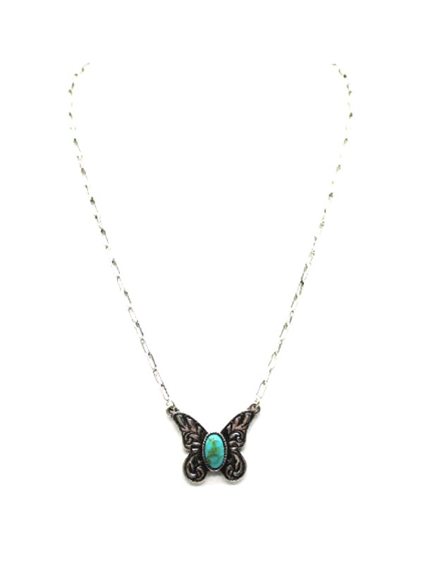 Western Butterfly Engraved Turquoise Pendant Necklace