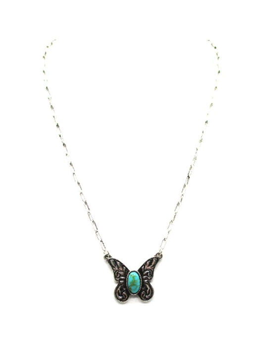 Western Butterfly Engraved Turquoise Pendant Necklace