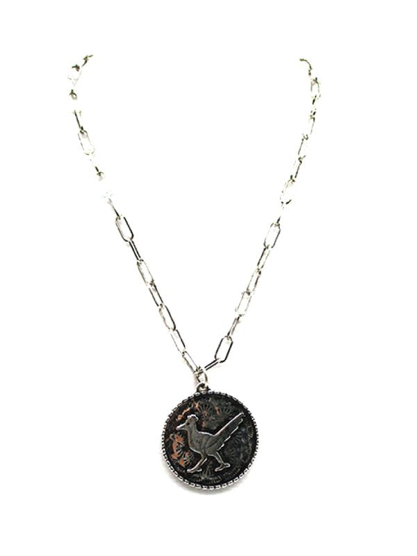 Western Round Road Runner Pendant Necklace