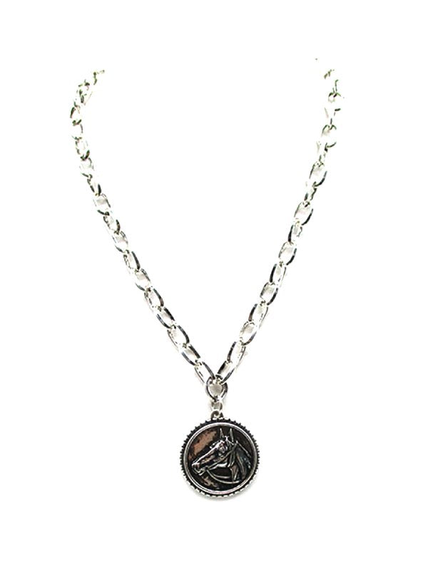 Western Round Black Horse Pendant Necklace