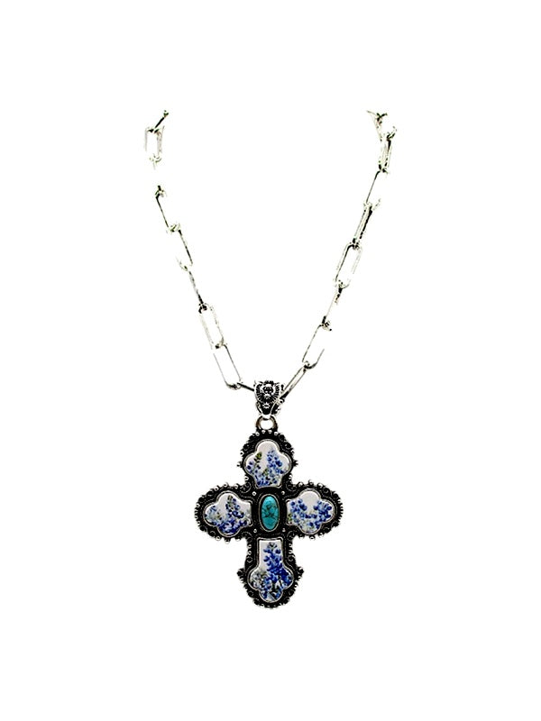 Western Large Cross Turquoise Bluebonnet Necklace