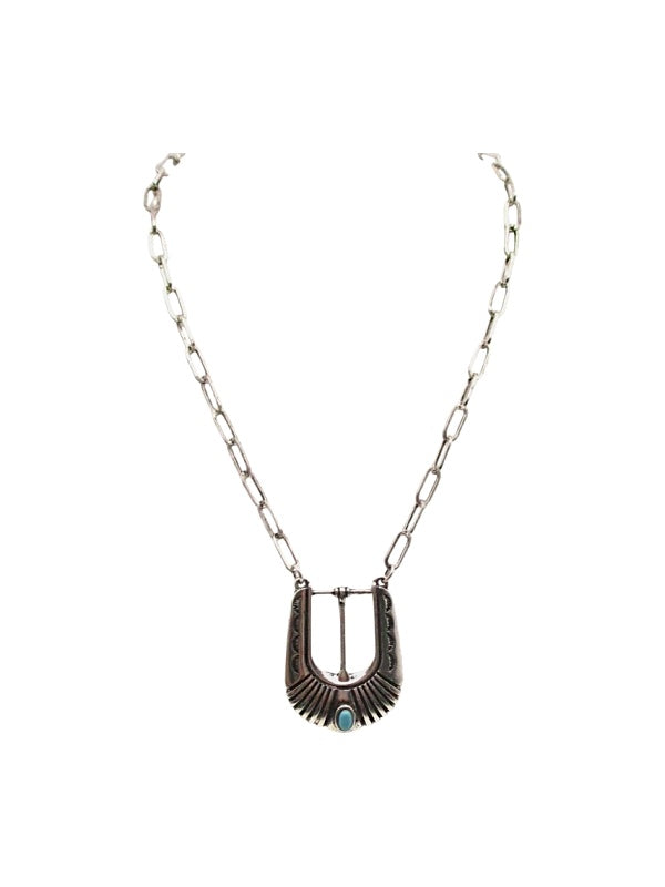 Western Belt Buckle Turquoise Look Necklace