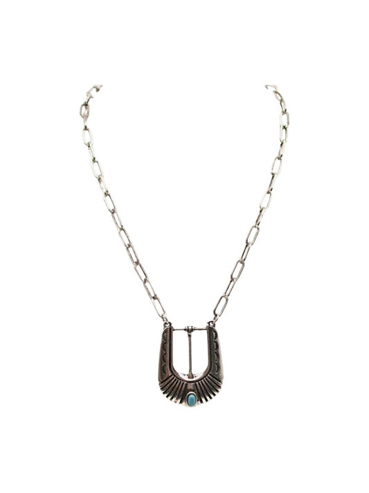 Western Belt Buckle Turquoise Look Necklace