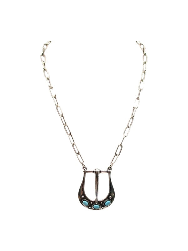 Western Belt Buckle Turquoise Look Necklace
