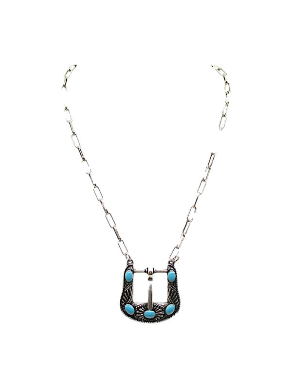 Western Belt Buckle Turquoise Look Necklace