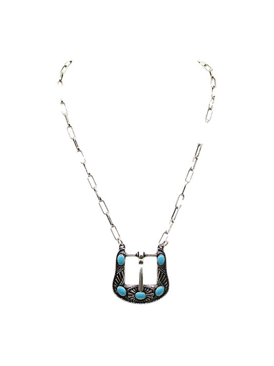 Western Belt Buckle Turquoise Look Necklace