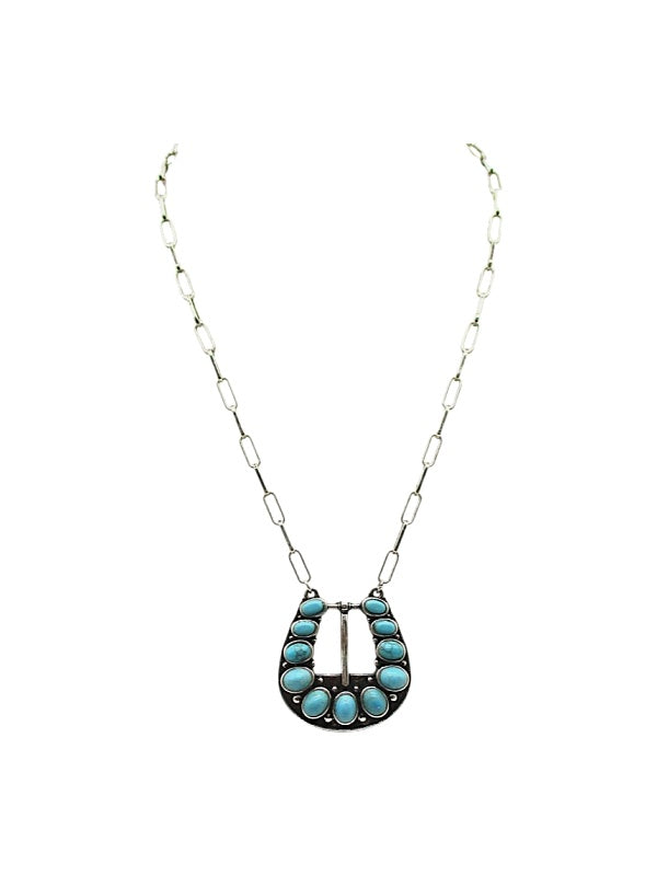 Western Belt Buckle Turquoise Look Necklace