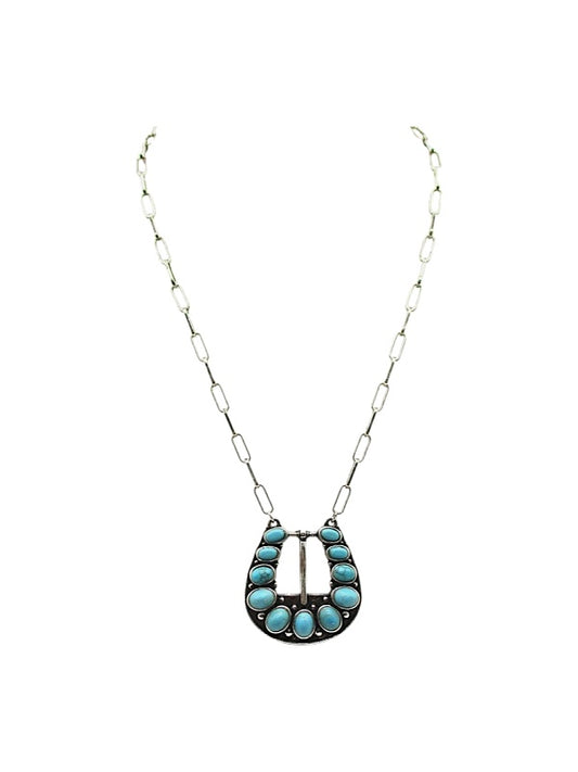 Western Belt Buckle Turquoise Look Necklace