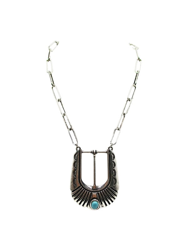 Western Large Belt Buckle Turquoise Look Necklace